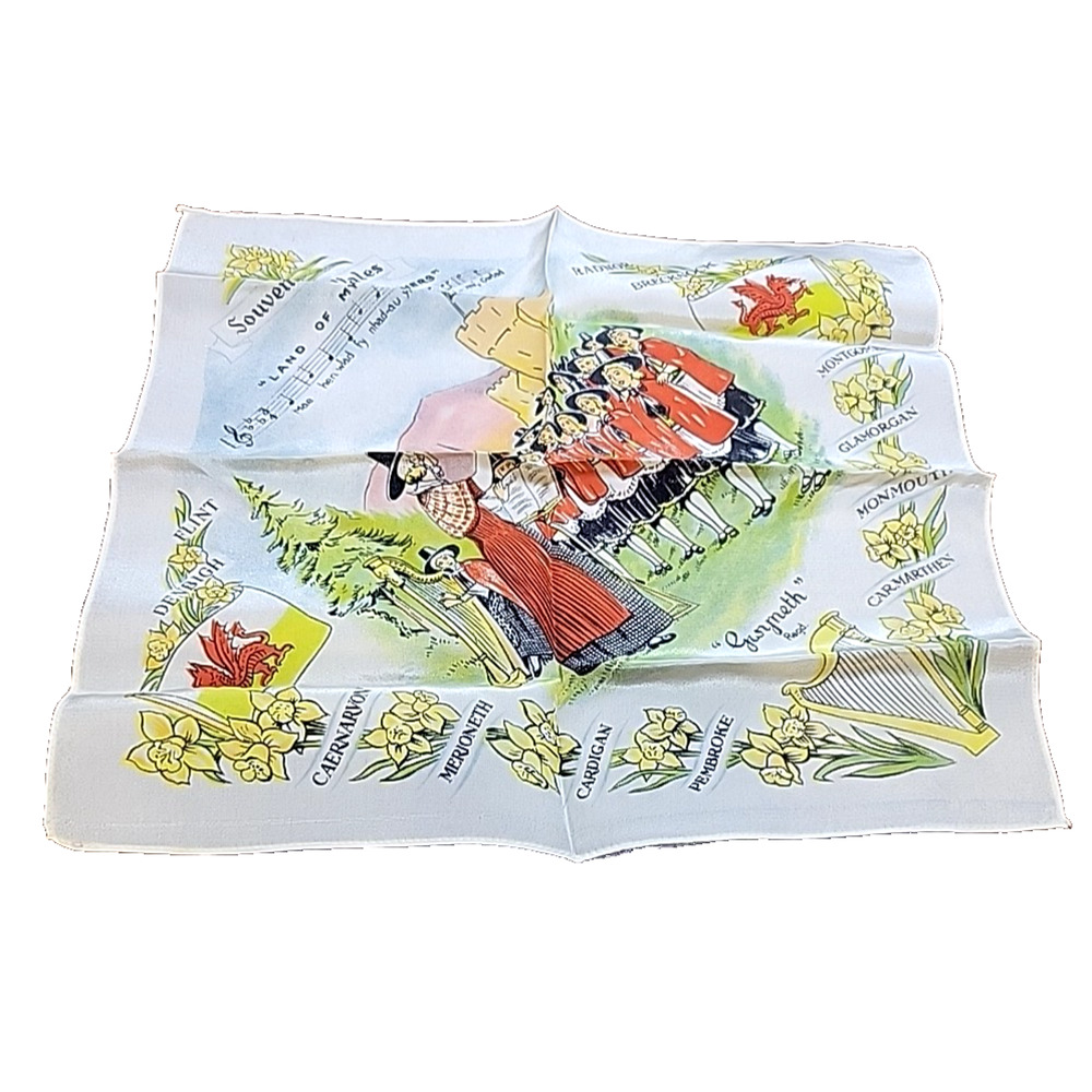Vintage Welsh Souvenir Handkerchief 11" Square White & red multicolor
